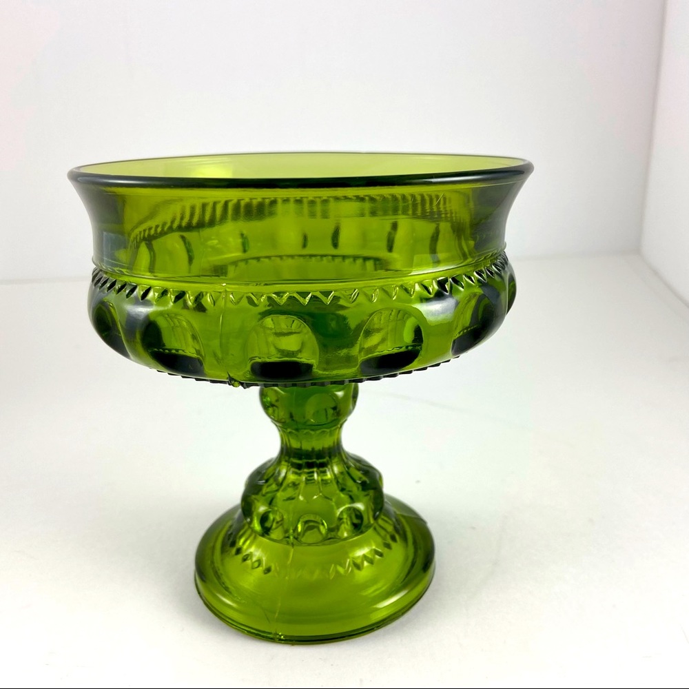 Vintage Indiana Glass Green Kings Crown Thumbprint Compote Pedestal Candy Dish